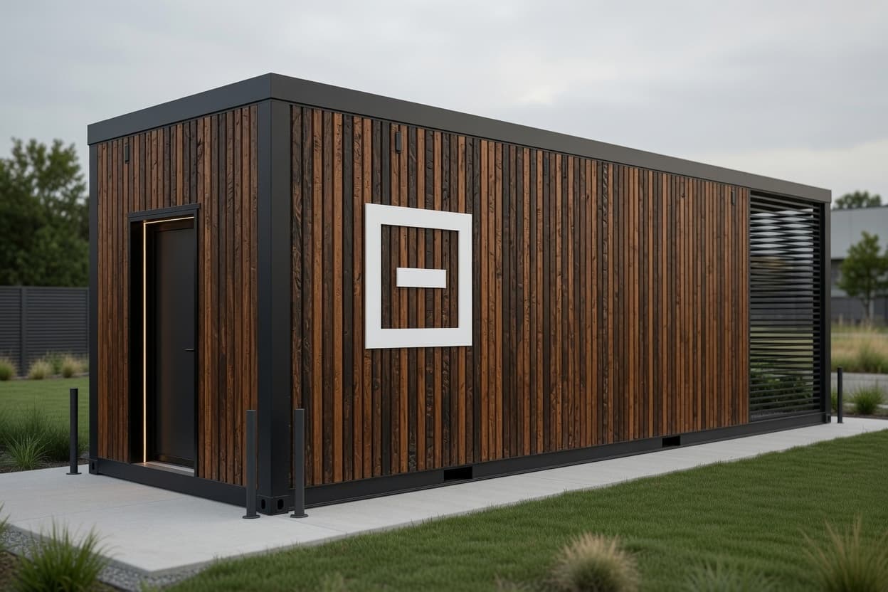 Clad wood-slat rainscreen with square-O mark
