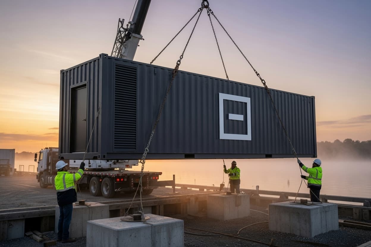 Blok craned onto concrete piers at dawn