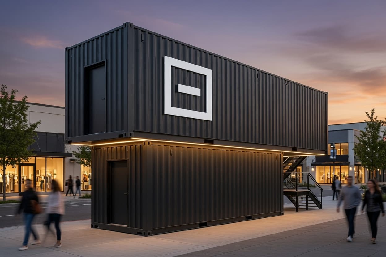 Offset-stack Blok in a commercial district at dusk